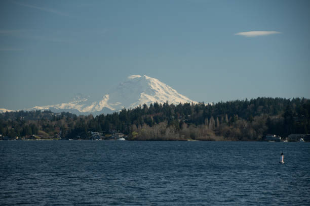 istock Looking at Ranier mountain across Washington lake from Medina Beach 2109984257