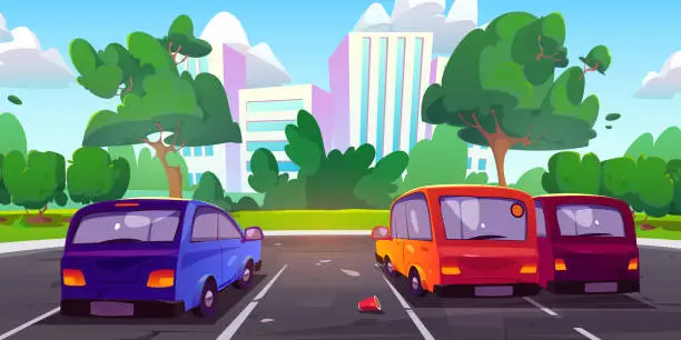 Vector illustration of Cars on parking lot in summer city