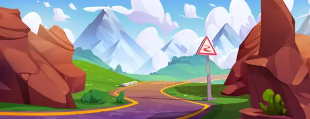 Vector illustration of Curvy road in mountain valley