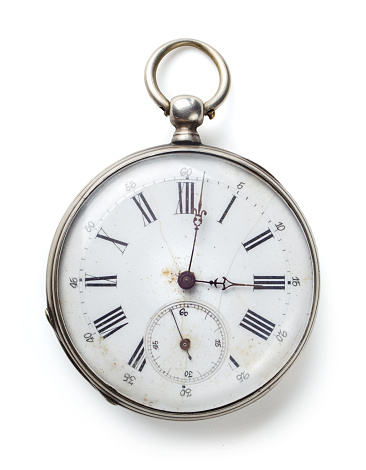 Antique early 20th century gold, open-faced, Waltham pocket watch. The gold and white enamel watch face reads 5:55 with an additional seconds dial at 30 seconds. The outer gold base has intricate gold detailing and a top winding stem with a fob chain attached. This beautiful vintage timepiece is isolated on a white background.