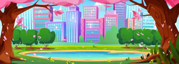 Vector illustration of City public park with lake and pink flowering tree