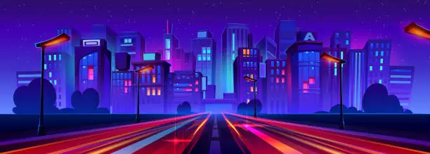 Vector illustration of Night city highway with traffic speed effect