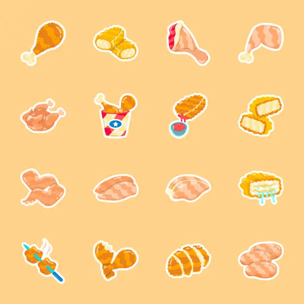 Vector illustration of Collection of 16 Trendy Chicken Delights Flat Stickers