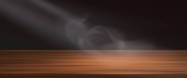 Brown wood 3d table top with steam or smoke Brown wood 3d table top with steam or smoke on black background. Foreground view on desk with wood texture surface for goods display. Realistic vector of empty office or kitchen furniture. dark blurred background stock illustrations