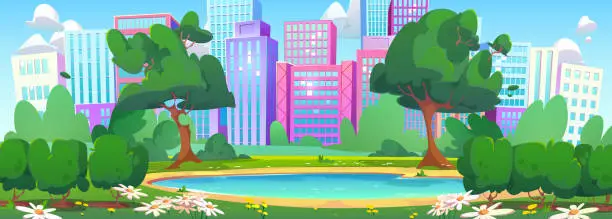 Vector illustration of Summer city park with lake
