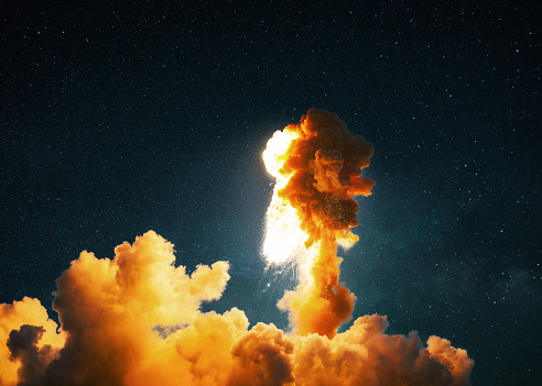 Unsuccessful launch of the space shuttle and explosion. Failed rocket lift off and space mission failure. Rocket attacks and bomb explodes. Concept of a failed startup