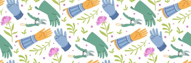 Vector illustration of Different gardening gloves and pruning shears seamless pattern. Garden and agriculture tools.