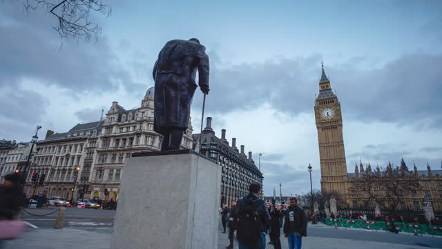 Big Ben, telephone booth, Winston Churchill statue and Westminster abbey in London, UK by time lapse with zooming, panning