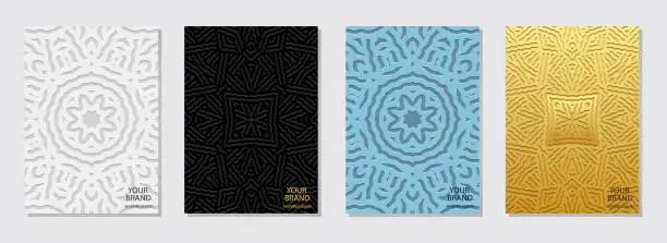 Vector illustration of Set of covers, vertical templates. Stylish collection of embossed, geometric backgrounds with ethnic gold 3D pattern. Doodling, handmade, boho. Exotic of the East, Asia, India, Mexico, Aztec.