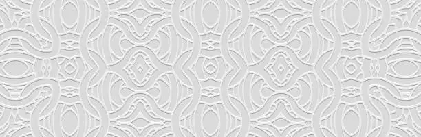 Vector illustration of Banner, elegant cover design. Embossed ethnic tribal geometric 3D pattern on white background. Ornamental decorative art of the East, Asia, India, Mexico, Aztec.