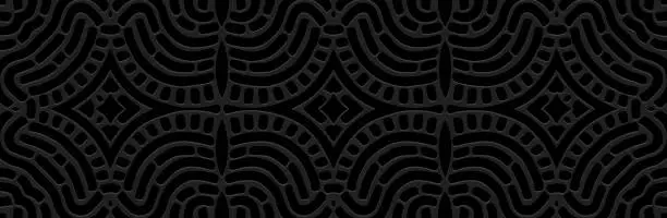 Vector illustration of Banner, unique cover design. Embossed ethnic tribal geometric 3D pattern on black background. Ornamental decorative art of the East, Asia, India, Mexico, Aztec.