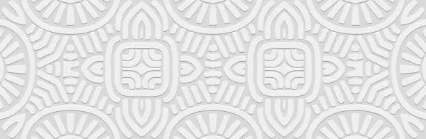 Vector illustration of Banner, stylish cover design. Embossed ethnic tribal geometric 3D pattern on white background. Ornamental decorative art of the East, Asia, India, Mexico, Aztec.