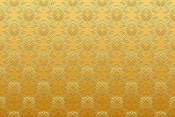 Vector illustration of Embossed metal background, cover design. Handmade, arabesques, golden texture. Geometric ethnic 3D pattern. Ornamental art of the East, Asia, India, Mexico, Aztec.