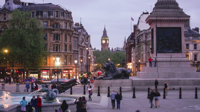 Big Ben, telephone booth, Winston Churchill statue and Westminster abbey in London, UK by time lapse with zooming, panning
