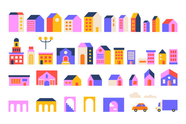 평면 추상 기하학적 주택과 건물 컬렉션 - 플랫 디자인 stock illustrations