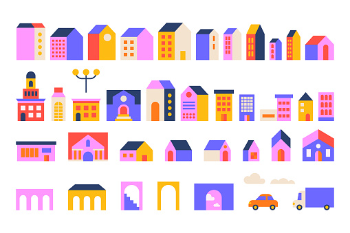 Collection of flat abstract geometric houses and buildings