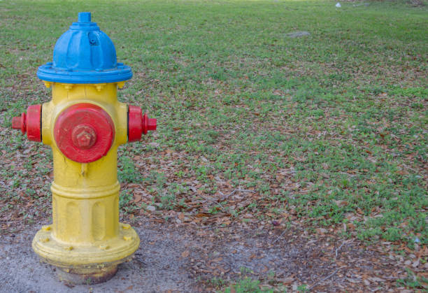 Red, yellow and blue fire hydrant in grass yard