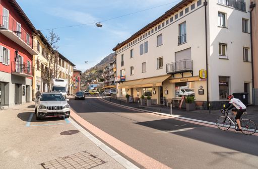 Vira Gambarogno, Ticino, Switzerland - March 21, 2024: Main street of Vira Gambarogno, the town overlooks Lake Maggiore, district of Locarno in the canton of Ticino.