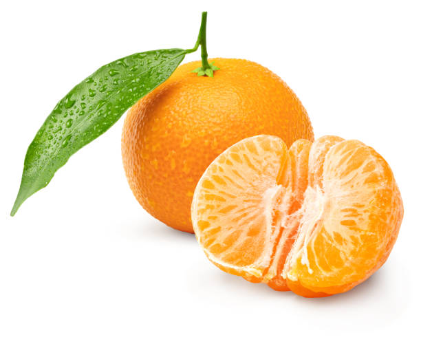 istock mandarin with green leaf with droplets isolated on white background. clipping path 2110119417