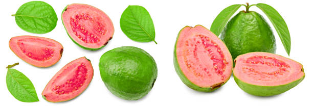 istock guava with slice and green leaves isolated on white background. clipping path 2110119947
