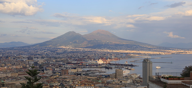 Panoramic view of the gulf of Naples from the Vomero hill with Mount Vesuvius far in the background