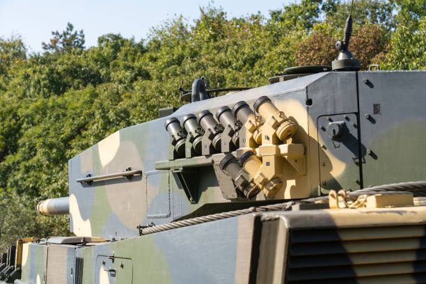 istock Modern German Leopard 2A4 tank camouflaged turret equipped with fog launchers 2110154912