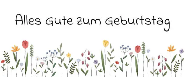 Vector illustration of Alles Gute zum Geburtstag - text in German language - Happy Birthday. Greeting card with colorful spring flowers.