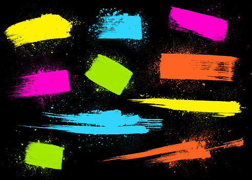 Bright rainbow multi colored fun paint marks and textured brush stoke patterns vector illustrations on black background