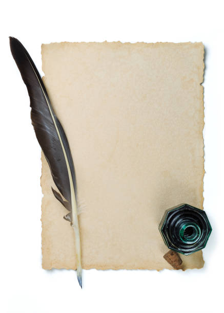 inkwell with blue feather on the red background