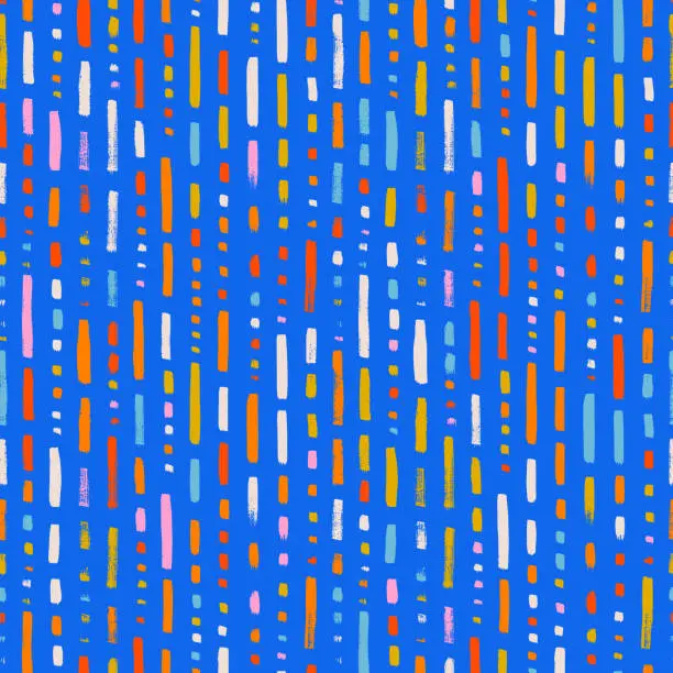 Vector illustration of Vertical colorful stripes and dashes seamless pattern. Hand drawn childish background with rough dry brush strokes.