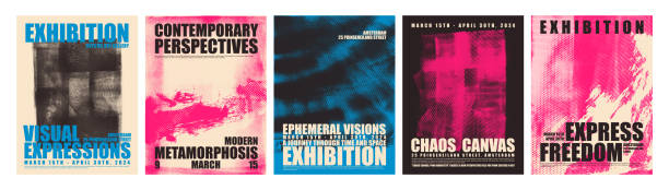 Punk style set of posters with halftone texture and typography. Distorted grunge layers. Punk style set of posters with halftone texture and typography. Distorted grunge layers. Design for brochure, social media, posters, template. Old overlay texture set with effect damaged, dry brush. paper layer abstract stock illustrations