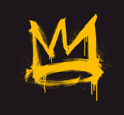 Spray painted graffiti yellow crown sign with drips. Graffiti drawing symbol isolated on white. Grunge bold crown with spray texture. Street art style drawing. Brush drawn grunge rough symbol.