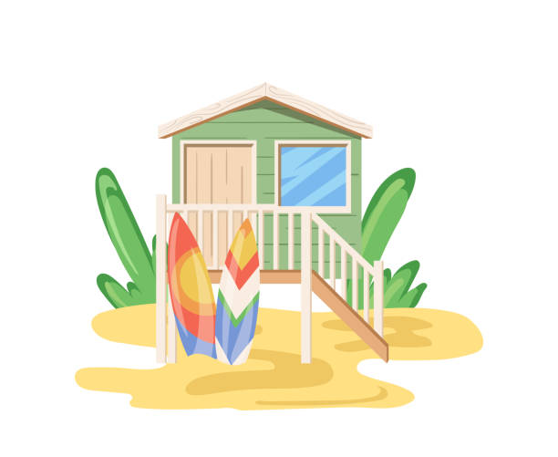 istock Surfer touristic house on beach, bungalow hotel building under palm trees on tropical resort 2110256799