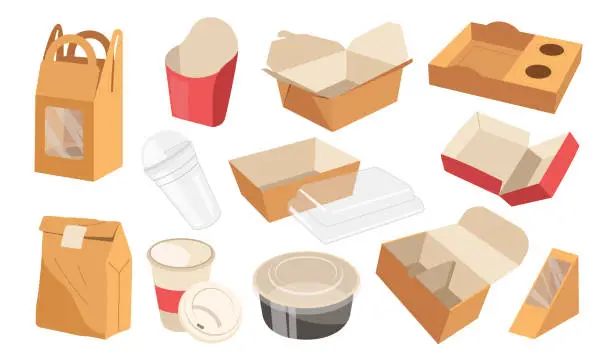 Vector illustration of Cardboard boxes, cups, bowls and bags one time packaging for fastfood storage and meal delivery set