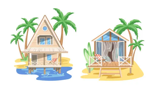 Vector illustration of Tropical beach resort hotel buildings placed on sandy seashore and on water vector illustration