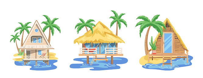 Marine bungalow house buildings placed on sea beach under palm trees cartoon vector illustration. Summer holidays vacation touristic resort architecture. Travel adventure at nautical coastline
