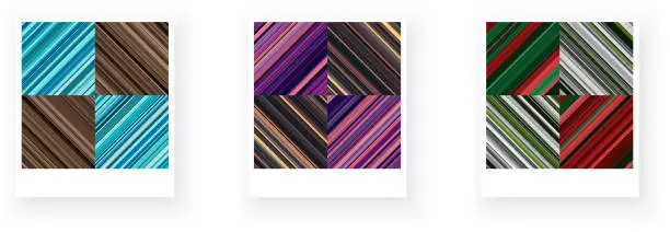 Vector illustration of Variants of paper card with square checkered striped geometric patterns.