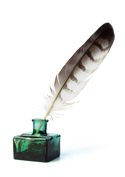istock Ancient bottle of ink with feather isolated on a white background 2110268890