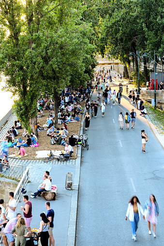 Paris, France, June 30, 2022. Shot in vertical format along the Seine, in the historic center, golden hour. People walk along the shore, groups of people stop sitting on benches or under trees.