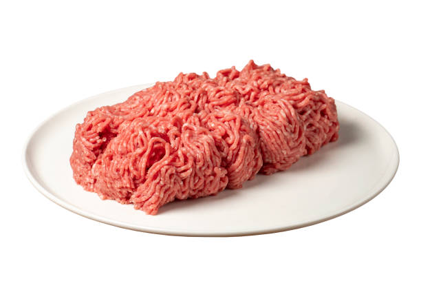 istock Ground beef. Butcher products. Fresh minced meat isolated on white background. 2110273076