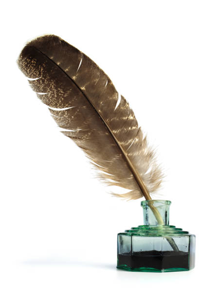 istock Feather and ink bottle on white background. Calligraphy, old education, vintage handwriting 2110293614