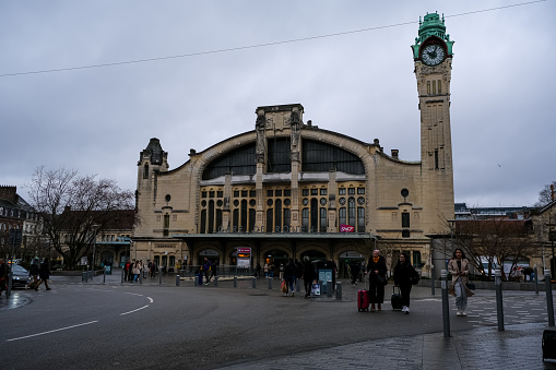 Rouen, France - 19.02.2024. Gare de Rouen or train station facade in Rouen, Normandy, France. The station opened its doors in 1847 when the Rouen–Le Havre section of the Paris–Le Havre railway opened to service.