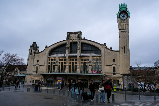 Rouen, France - 19.02.2024. Gare de Rouen or train station facade in Rouen, Normandy, France. The station opened its doors in 1847 when the Rouen–Le Havre section of the Paris–Le Havre railway opened to service.
