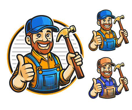 Handyman cartoon character holding a hammer and doing a thumb up, mascot design.