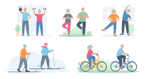 Vector illustration of Set of Happy Elderly people doing exercises, yoga, skiing and riding bike. Senior men and women sport active healthy lifestyle concept.