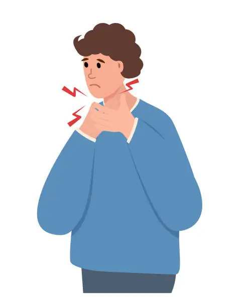 Vector illustration of Young man suffering from a sore throat. Sick man, virus, cold or flu concept.
