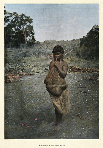 Vintage picture, Australian aboriginal woman and her child, carried in a sling, History 1890s, 19th Century