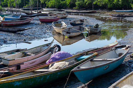 Santo Amaro, Bahia, Brazil - June 01, 2019: View of several canoes and boats in the port of Acupe, district of the city of Santo Amaro in Bahia.