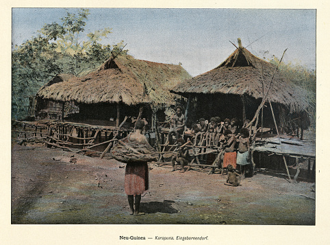 Vintage picture, Villagers, Carapuna, New Guinea, Papuan natives, Thatched huts, History 1890s, 19th Century