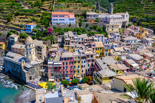 Vernazza, IT - 26 July 2023: Top view of Vernazza village in Cinque Terre